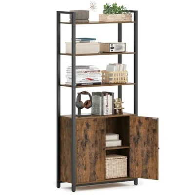 Afbeelding van VASAGLE Verticale boekenkast met 6 niveaus deur, metalen frame, verstelbare planken, 24 x 60 159,5 cm, voor woonkamer, slaapkamer, rustiek bruin en inktzwart LLS133K01