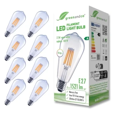 Afbeelding van greenandco 8 x transparante led filamentlampen, E27, ST64, 7,2 W, 1521 lm, vervangt 100 3000 K, warmwit, 320 graden, 230 V, flikkervrij, energieklasse A, niet dimbaar