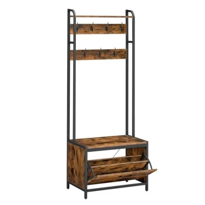 Afbeelding van VASAGLE HSR425B01 Schoenenkast met bank, kledingkast, schoenenkast, 7 haken, bovenste plank voor hal, slaapkamer, industrieel design, vintage bruin/zwart