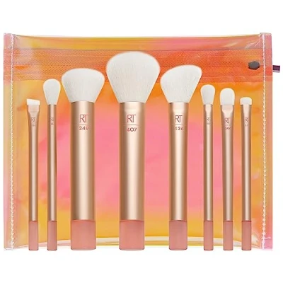 Image de REAL TECHNIQUES The Wanderer Kit de 8 pinceaux maquillage qualité supérieure et professionnels avec sac, poils souples, fond teint, poudres correcteurs, doré