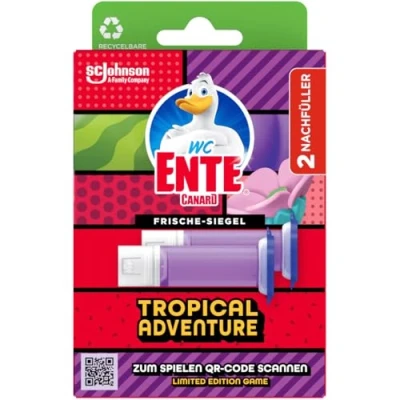 Afbeelding van WC Eend Fresh Disc Tropical Adventure Limited Edition Navulverpakking Toiletblok Toiletreiniger 2 Navullingen met 12 blokjes Voordeelverpakking