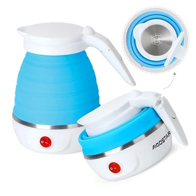 Afbeelding van Aigostar Sapphire 30LDC Opvouwbare reiswaterkoker. Koel handvat, 750 W, inhoud 600 ml, blauw, exclusief design.