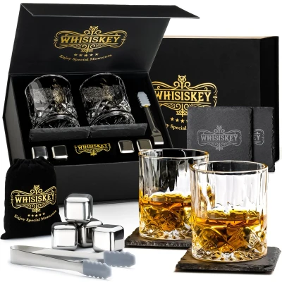 Afbeelding van Whisiskey Luxe Whiskey Set Incl. 2 Glazen, 4 Stones, Onderzetters, Fluwelen Opbergzak, Opbergbox Whisky Geschenkdoos Glas Herbruikbare IJsblokjes