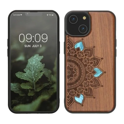 Afbeelding van kwmobile telefoonhoesje geschikt voorApple iPhone 14 Hoesje met bumper walnoothout In donkerbruin Parelmoer mandala design