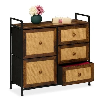 Afbeelding van Relaxdays ladekast 5 lades rotan look metalen frame 77 x 85 31,5 cm slaapkamer