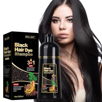 Image de RILSIC Shampoing colorant 3 en 1 pour homme et femme, coloration instantanée des cheveux, couverture 100% cheveux gris, noir naturel quelques minutes (500 ml) (Noir)