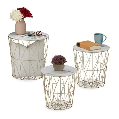 Afbeelding van Relaxdays bijzettafel met draadmand set van 3 marmerlook salontafels modern rond wit