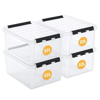 Afbeelding van SmartStore opbergboxen 32l (4 stuks), verstevigd, transparant, 10 jaar garantie, geschikt voor levensmiddelen, clipsluiting, stapel en nestbaar, BPA vrij l50 x b39 h26cm