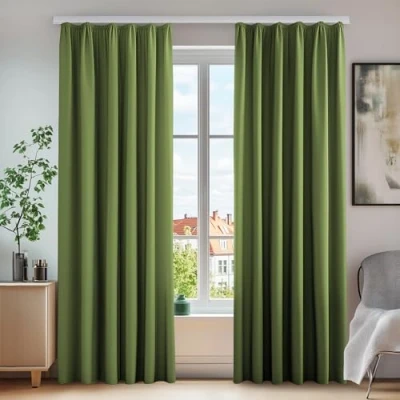 Afbeelding van Deconovo Set van 2 ondoorzichtige gordijnen met plooiband voor woonkamer, 260 x 140 cm (hoogte breedte), appelgroen