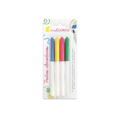 Afbeelding van 4 levensmiddelenstiften, geel, groen, roze, blauw