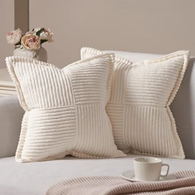 Afbeelding van Topfinel Kussensloop, 50 x cm, crème, decoratief, voor bank, slaapkamer, kinderen, woonkamer, huis, 2 stuks, vierkant, geribbeld, van zacht fluweel, stoel, kantoor, tuin, moderne