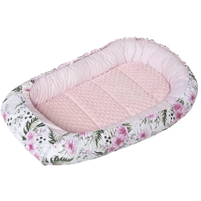 Image de Medi Partners Reducteur de Lit Bebe Réducteur Bébé 100x60x15cm Cocon et Naissance couffin Nid d&#039;ange bilatéral Cale 100% Coton Minky (Fleurs avec Rose Clair Minky)