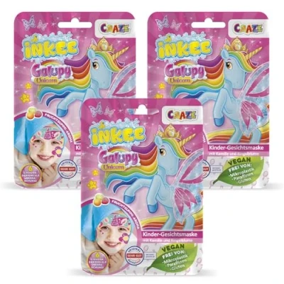 Afbeelding van INKEE GALUPY UNICORN gezichtsmasker voor kinderen, 3 stuks, x schoonheidsmaskers van stof met aroma fruitsnoepjes, calendula en kamille extracten, hydraterend meisjes