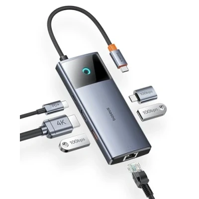 Afbeelding van Baseus USB C Hub 10Gbps 3.2 met Ethernet LAN, 4K @ 60Hz HDMI, 2USB A, C, 100W PD, 6 in 1 dockingstation voor iPhone 15, laptop, MacBook/Surface Pro/Dell/iPad/Steam