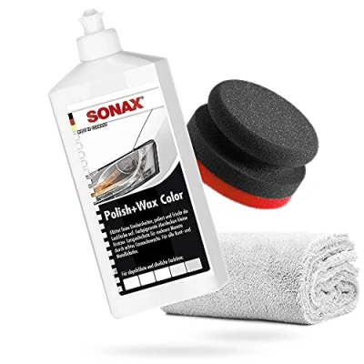 Afbeelding van detailmate SONAX handpolijstset Polish+Wax Color wit 500 ml + handpolijstspons puck in composietopbouw hard Ø90/50 mm Edgeless superfleece microvezel polijstdoek 550GSM