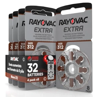 Afbeelding van 32 Hearing Aid Batteries Rayovac Extra Advanced 312. 4 blisters met 8 batterijen
