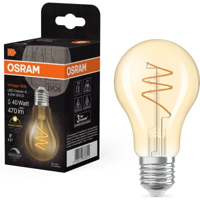 Afbeelding van OSRAM Vintage 1906 Klassieke, warmwitte, dimbare LED lamp in bolvorm met spiraalvormige gloeidraad, biedt 4,9 W voor 470 lm, E27 fitting, goudkleurig glas, 60 mm diameter, 2700 K.