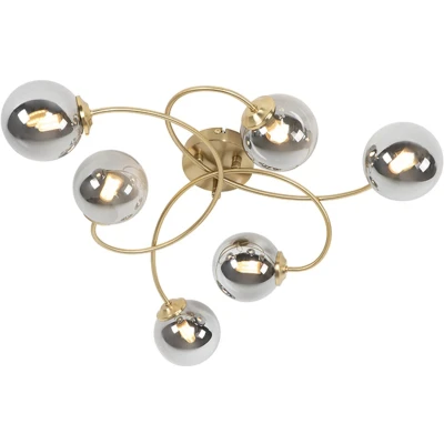 Afbeelding van QAZQA Moderne plafondlamp goud 6 lichts met smoke glas Athens