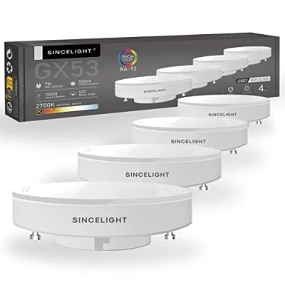 Afbeelding van SINCELIGHT Ledlampen GX53, 7 W matte reflector, komt overeen met 60 W, lichtschijf, RA≈92, warm wit 2700 K, voor keukenmeubels, etalages, verlichting onder planken, 4 stuks