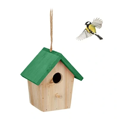 Afbeelding van Relaxdays vogelhuisje decoratie staand hangend met groen dak vogelhuis tuin balkon