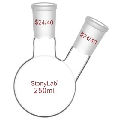 Afbeelding van StonyLab 250 ml zware glazen fles met ronde bodem RBF 24/40 buitenafdichting in het midden en aan de zijkant,