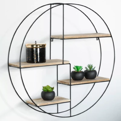 Image de Etagère murale ronde LILY 4 niveaux bois et métal design industriel
