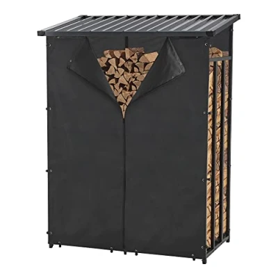 Afbeelding van casa.pro Bestekte houtschuur met beschermhoes, standaard brandhout, houthouder, voor buitenopslag, verzinkt staal, gelakt, polyester, metaal, 185 x 130 70 cm, zwart