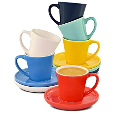 Afbeelding van Set van 6 Espresso Kopjes Kleurrijk met Schotels Keramisch Houdt Lang Warm Moderne Kleurenmix Geschenkverpakking 70ml
