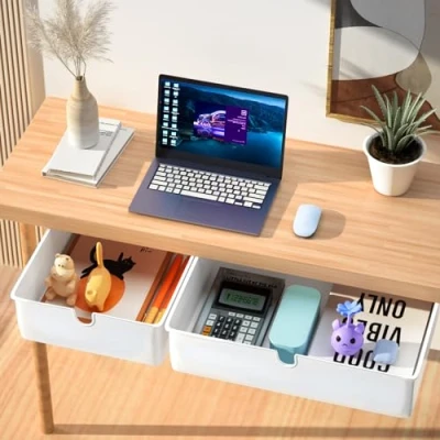 Afbeelding van ZHHGOO Set van 2 zelfklevende opbergladen, onder bureaulade organizer, grote capaciteit, kantoor, organizer voor keuken, school, thuis, wit