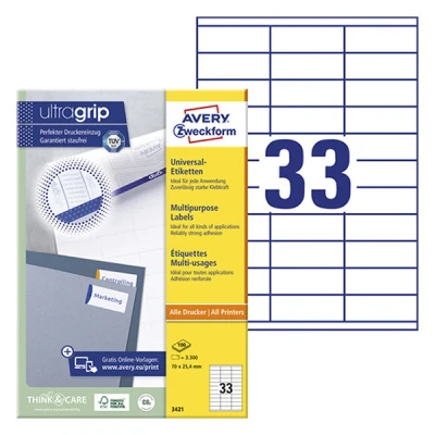 Image de Avery Zweckform 3421 étiquettes universelles A4 70 x 25,4 mm (3300 étiquettes) blanc