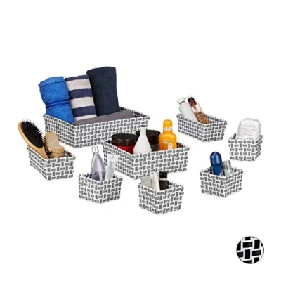 Afbeelding van Relaxdays opbergmand set 8 stuks mandjes badkamer mandenset contrast wit grijs