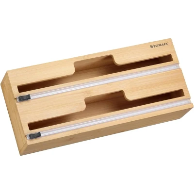 Afbeelding van Foliedispenser met snijvoorziening, aluminiumfolie en vershoudfoliedispenser glijsnijder, moeiteloos afsnijden van folie zonder scheuren, rollen tot 31 cm, bamboe