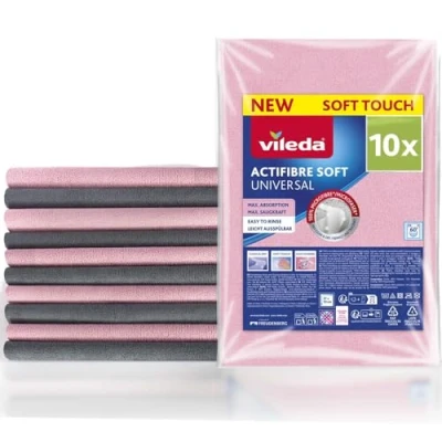 Afbeelding van Vileda Actifibre Soft Multipack 10 microvezeldoeken streepvrije reiniging buitengewoon absorptievermogen zacht gevoel lichtroze en grijs stuks