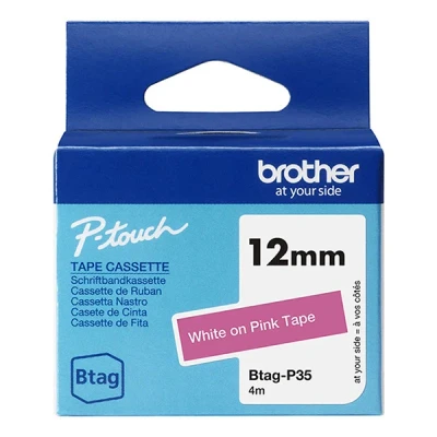 Image de Brother BTAG P35 Blanc sur rose Rouleau (1,2 cm x 4 m) 1 cassette(s) boîte de suspension bande d&#039;étiquettes pour P Touch PT N10, N20, N25BT