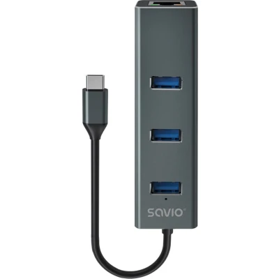 Afbeelding van Savio AK 57 USB C 3 x A HUB met RJ 45 Gigabit Ethernet adapter, 5000 Mbit/s, grijs
