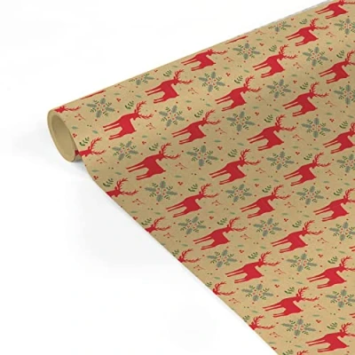 Afbeelding van Clairefontaine 223884C een rol cadeaupapier ruw kraftpapier, 70 g, 100% gerecycleerd, 5 m x 35 cm (speciaal voor kleine breedte) motief: rode rendieren geschenkverpakking, ideaal