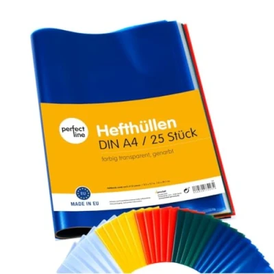 Afbeelding van perfect line 25 schrifthoezen DIN A4 gekleurd &amp; transparant, schriftomslag flexibel, afwasbaar gekleurd, boekbescherming met boekband, beschermhoes voor werk in 5 kleuren, omslagen schoolschriften