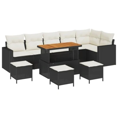 Afbeelding van vidaXL 10 delige Tuin Sofa Set met Kussens Zwart Poly Rattan Acacia