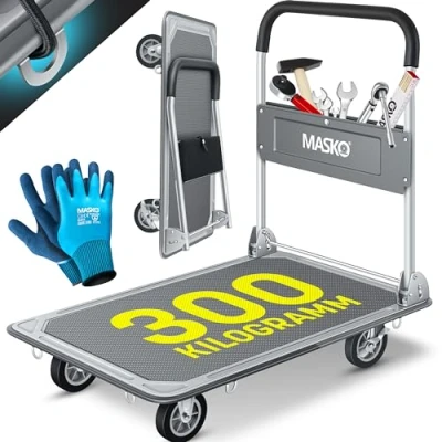 Afbeelding van MASKO® Opvouwbare bolderkar met werkhandschoenen draagkracht 300 kg parkeerrem transporthulp 6 veiligheidsogen 360 draaibare wielen trolley