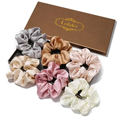 Afbeelding van Lolalet zijden haarelastiekjes voor dames, 6 stuks, satijn, zacht, elastisch, dames en meisjes, kleuren, lichtgrijs, lichtroze, roze, beige, oranje, wit