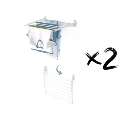 Afbeelding van foxydry Fold Droogrek voor aan de muur, verticaal, opvouwbaar, binnen en buiten, van aluminium staal (wit, sluiting naar beneden, 2 laags, 60)
