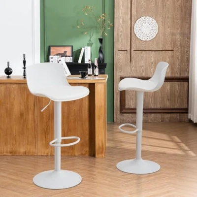 Afbeelding van YOUNIKE barkruk, set van 2, in hoogte verstelbaar, 360 graden draaibaar, met rugleuning en voetensteun, moderne kinderstoel voor bar, toonbank, keuken, wit