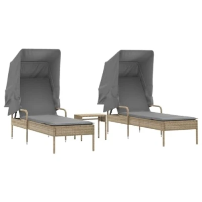 Afbeelding van vidaXL Ligbedden 2 st met luifels en tafel poly rattan beige