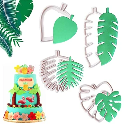 Afbeelding van Set van 4 uitsteekvormpjes, tropische bladeren, kunststof, voor het versieren taarten, koekjes, fondant