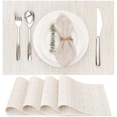 Afbeelding van placemats, afwasbaar, set van 6, weven antislip, slijtvast, hittebestendig, vinyl voor keuken, eetkamer, hotel, placemat, 30 x 45 cm (beige)