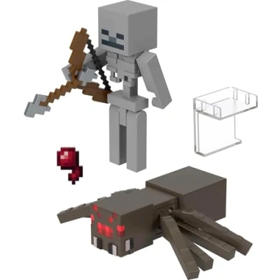 Afbeelding van Mattel Minecraft skelet en spinnenframe, set met 2 beweegbare figuren van 8 cm accessoires, cadeaus voor kinderen om te verzamelen HLB29