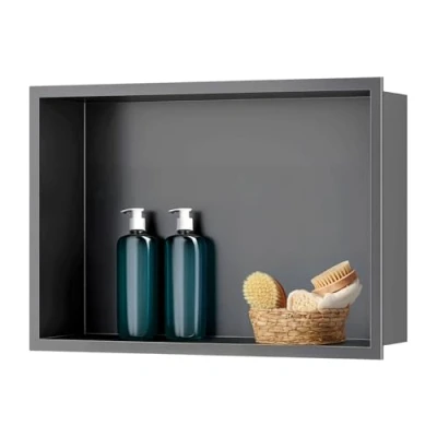 Afbeelding van sunrik wanddouche, roestvrij staal, wandrek, opbergplank, douchenis, 30 x 45 10 cm, grijs