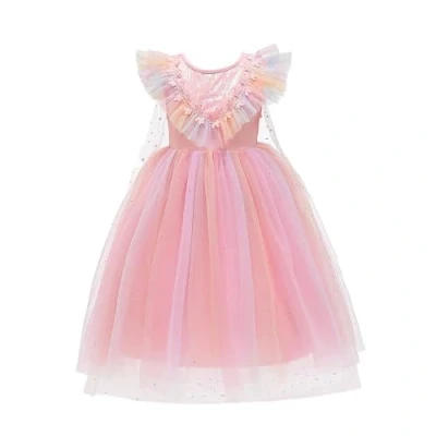 Afbeelding van Lito Angels Verkleedjurk prinsessenjurk met eenhoorn, voor kinderen, meisjes, cape, maat 2 3 jaar, roze regenboog (etiket van stof 100)