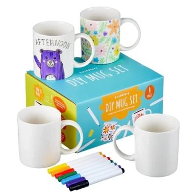 Afbeelding van TWIDDLERS Doe Het Zelf Mokken Beschilderen Pakket met 4 &amp; 7 Keramiekstiften Decoreer Je Eigen Mok Knutselproject voor Kinderen Mooi als Cadeau Moederdag/Vaderdag