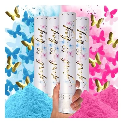 Afbeelding van Canon Gender Reveal Confetti, 4 stuks, confettikanon en poeder in vlindervorm, confettiwerper, roze confettikanon, blauwe poeder, confettibom